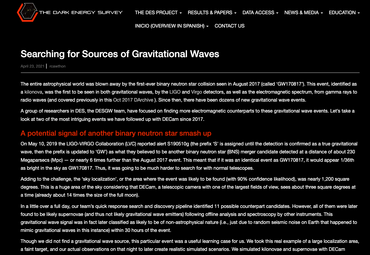 Article on the search for sources of Gravitational Waves