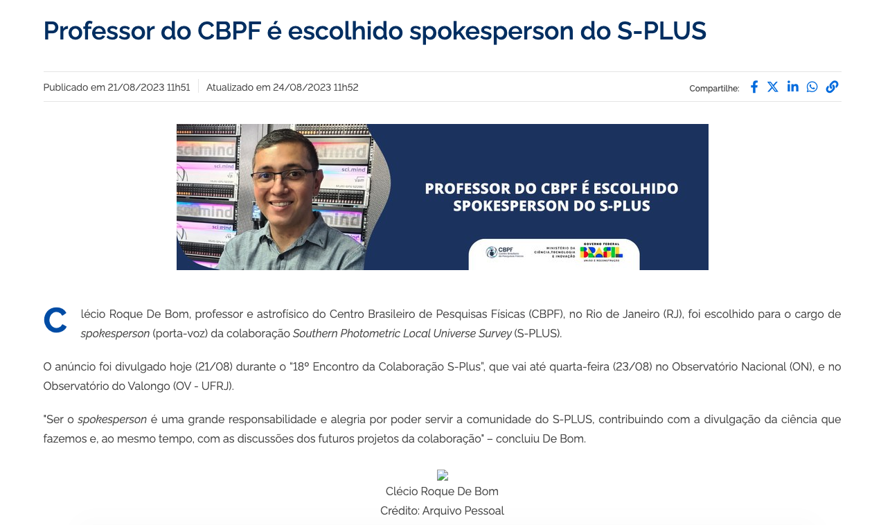 El Prof. Clécio De Bom es nombrado portavoz de S-PLUS